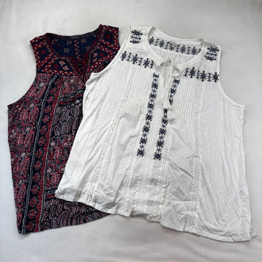 Lucky Brand Tank Top Bundle Women 2X White Navy Boho Embroidered Paisley Tassels - Picture 2 of 11